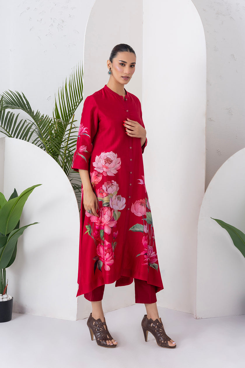 Maroon Silk Chanderi Printed Front Open Dress (1 PC)