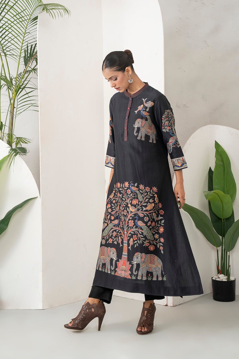 Black Silk Chanderi Rich Folk-Inspired Printed Tunic (1 PC)