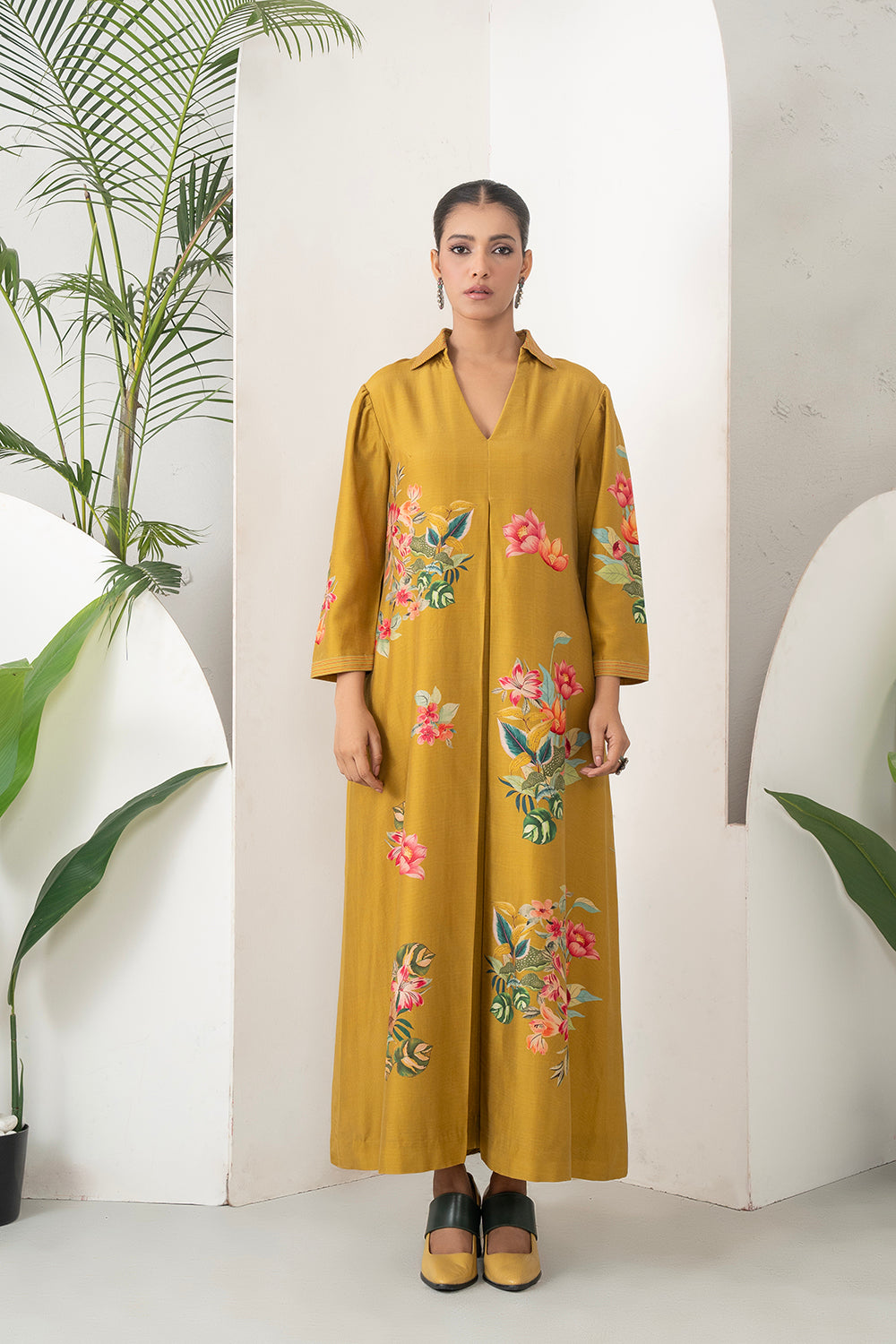 Mustard Silk Chanderi Front Pleat Detailed Colourful Floral Printed Dress (1 PC)