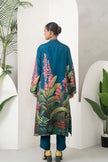 Indigo Silk Chanderi Front-Pleated Tropical Floral Illustration Printed Dress (1 PC)