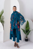 Indigo Silk Chanderi Printed Front Open Floral High-Low Dress (1 PC)