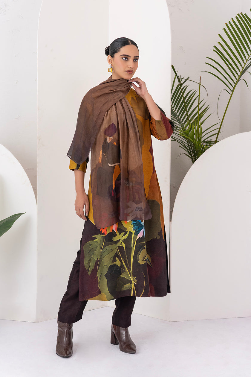 Mustard & Brown Viscose Dupion Printed Tunic (1 PC)