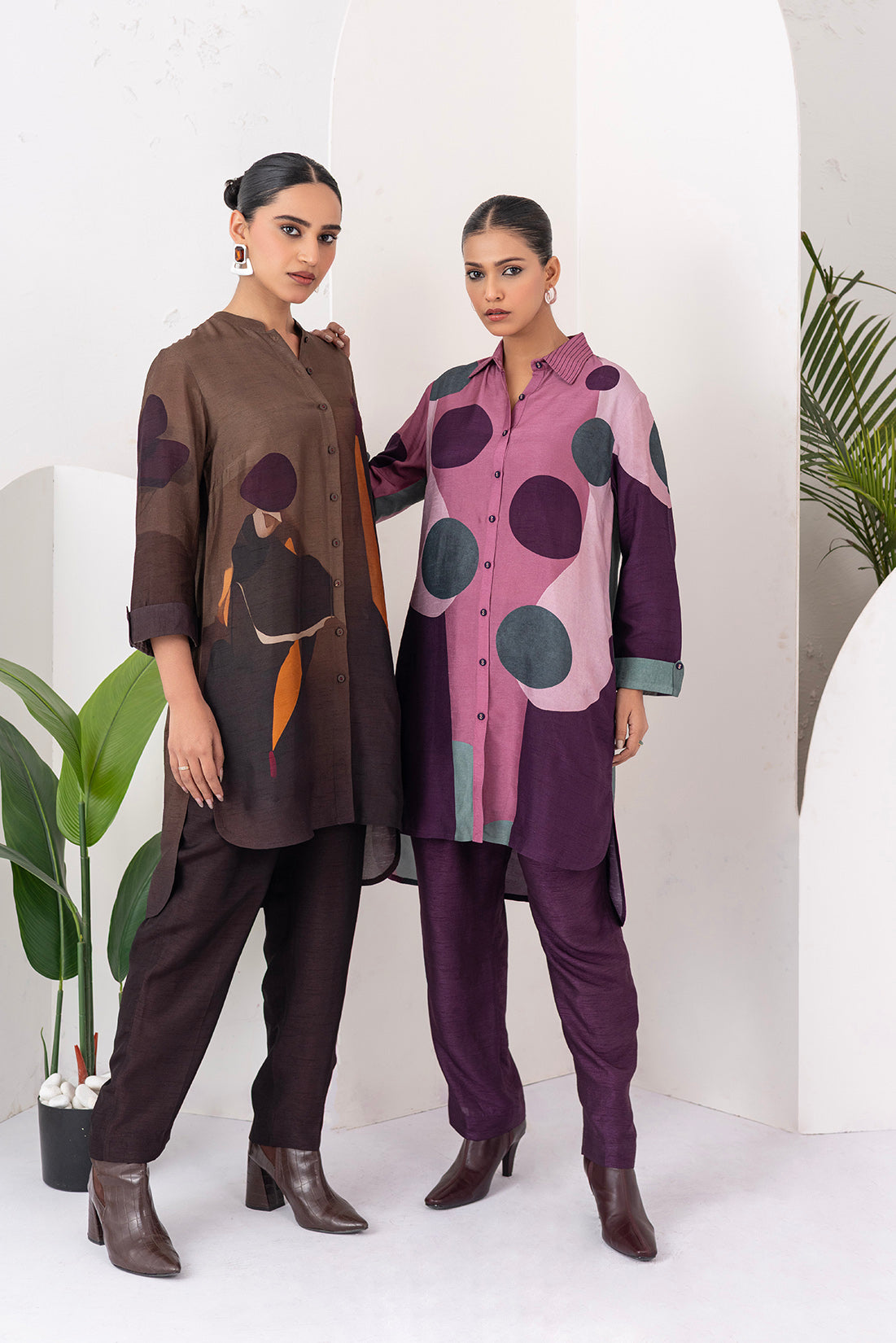Shades Of Brown Viscose Dupion Printed Shirt Style Tunic (1 PC)