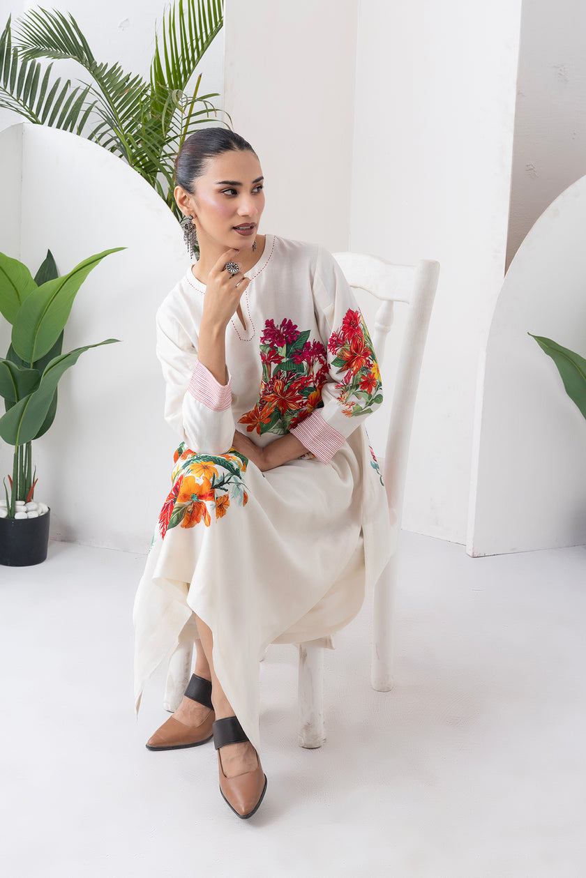 Ivory Silk Chanderi Tunic With Artistic Floral Placement Prints (1 PC)