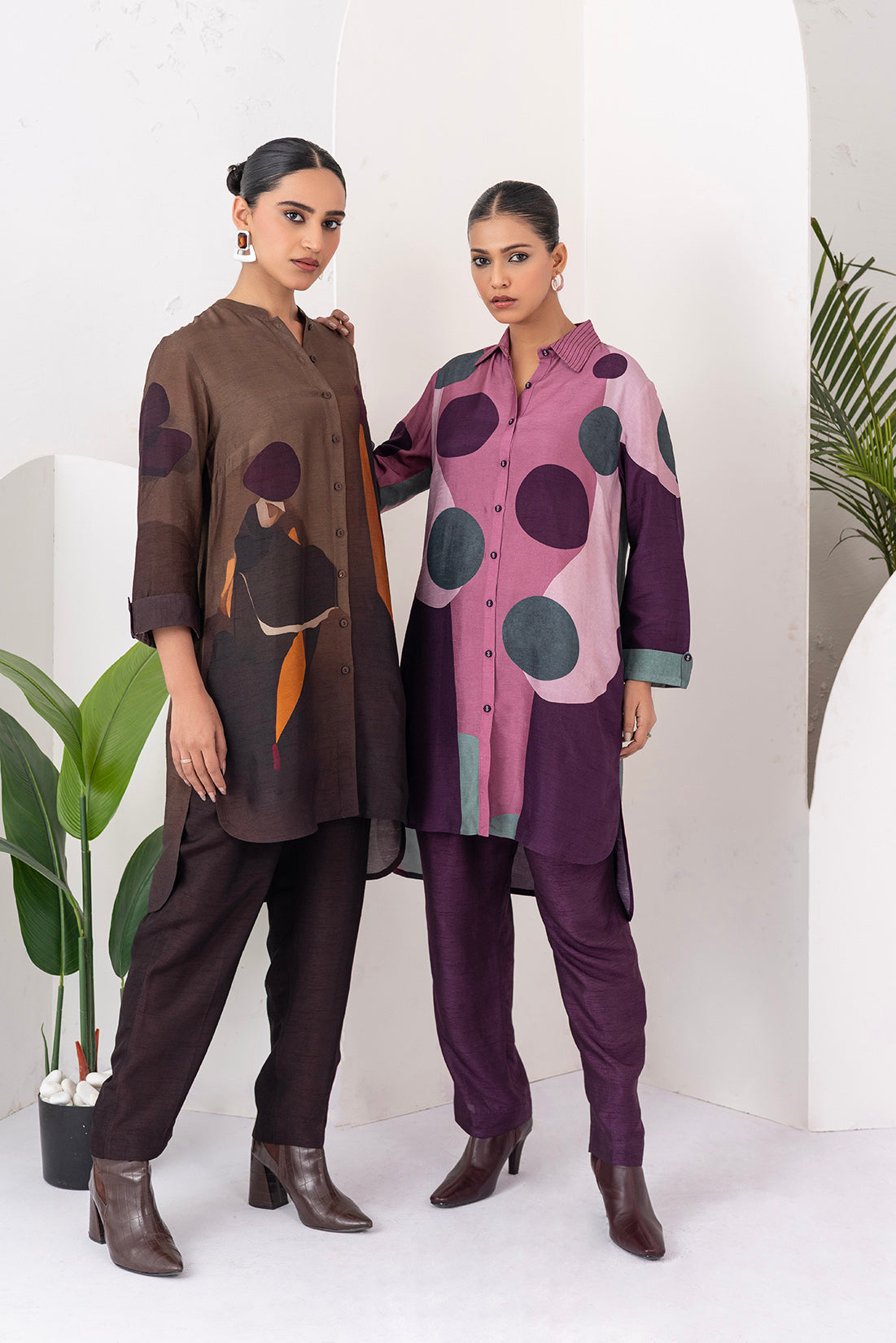 Salmon Pink & Wine Viscose Dupion Printed Shirt Style Tunic (1 PC)