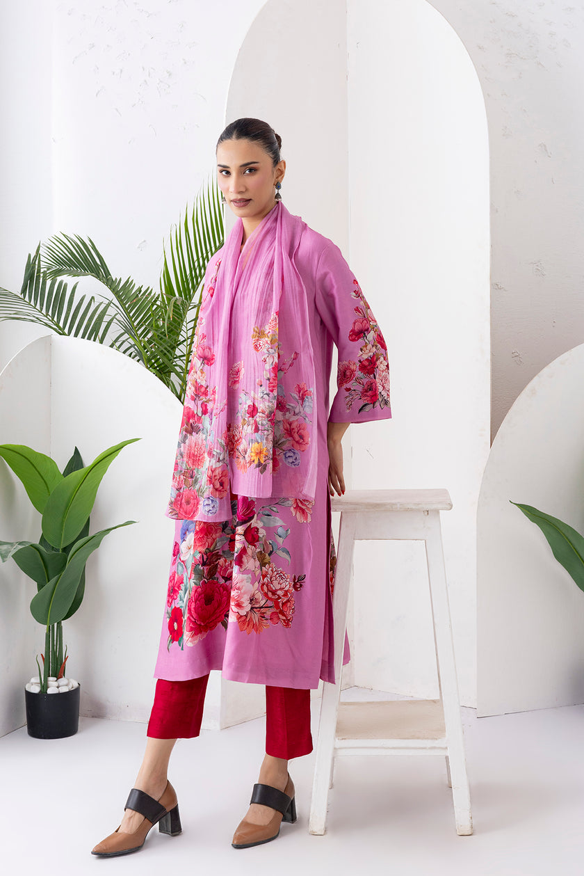 Salmon Pink Silk Chanderi Printed Tunic (1 PC)