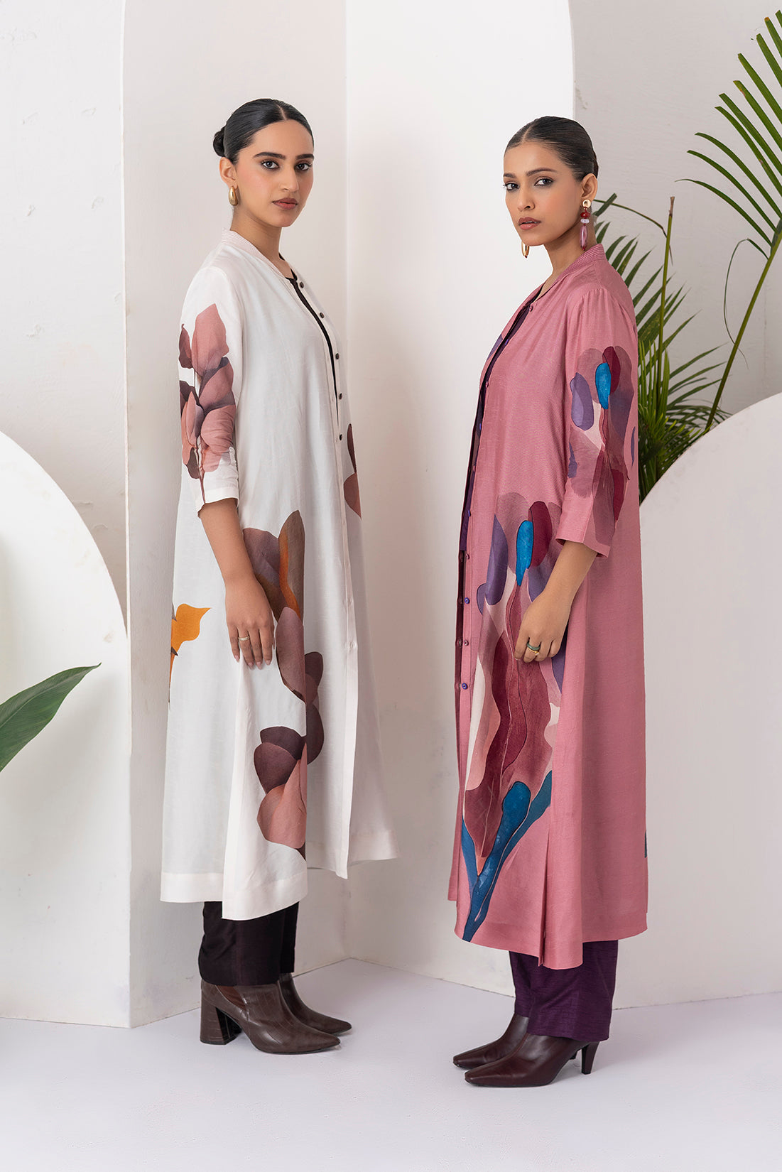 Ivory Viscose Dupion Leaf Printed Dress (1 PC)