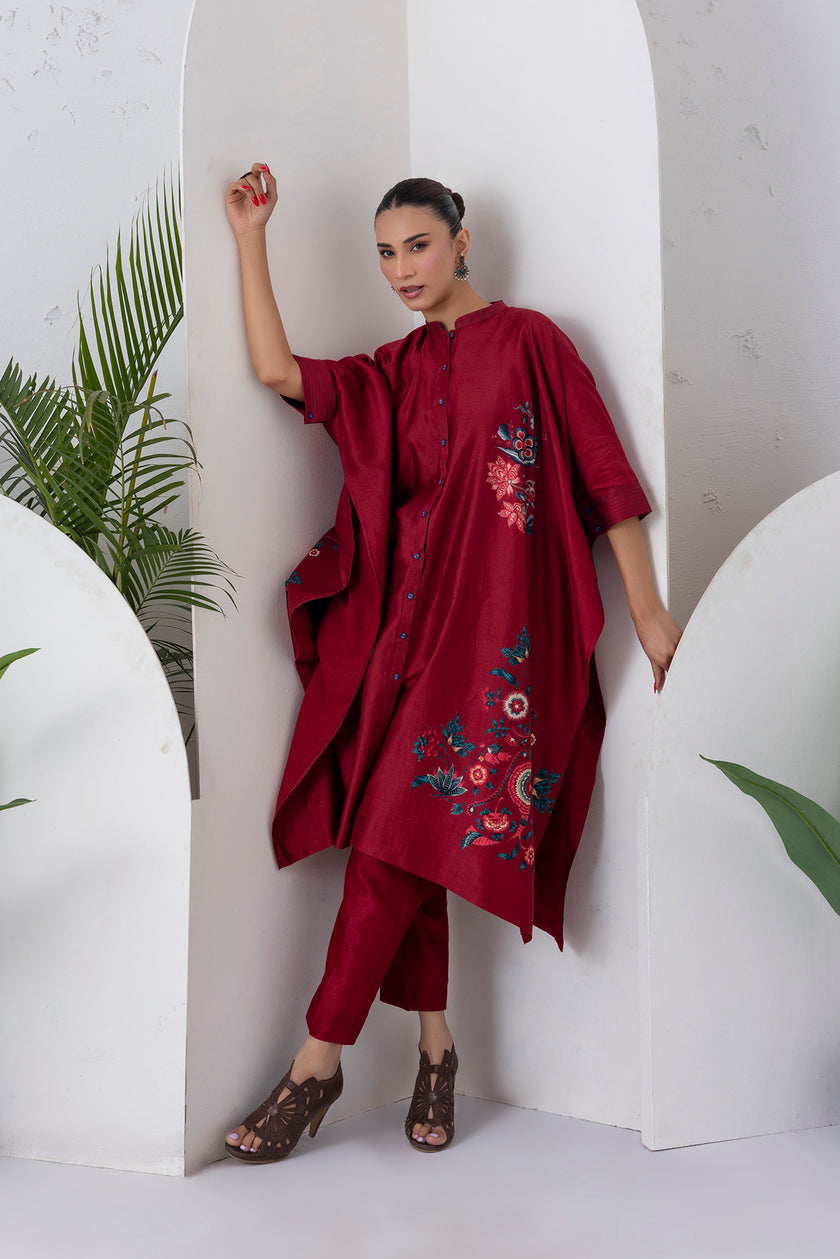 Maroon Silk Chanderi Printed Kaftan Style Dress (1 PC)