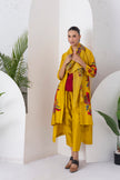 Yellow Silk Chanderi Printed Front Open Floral High-Low Dress (1 PC)