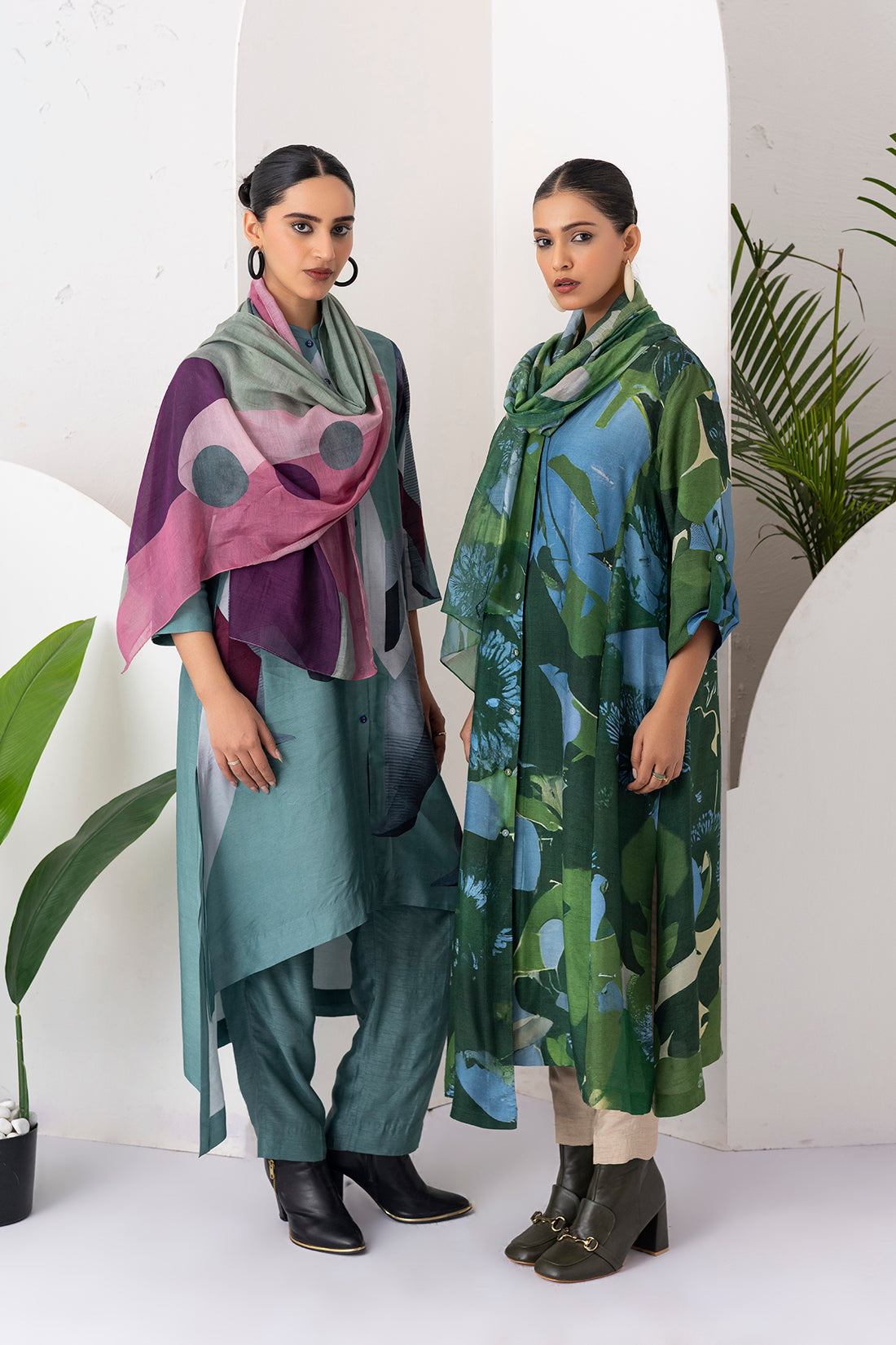 Green & Blue Viscose Dupion Printed Dress (1 PC)