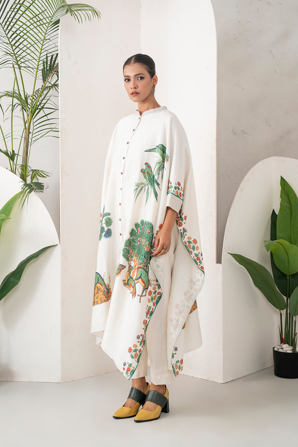 Ivory Silk Chanderi Folk Tale Printed Kaftan (1 PC)