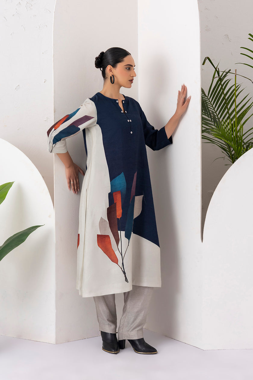 Blue & Ivory Viscose Dupion Printed Tunic (1 PC)