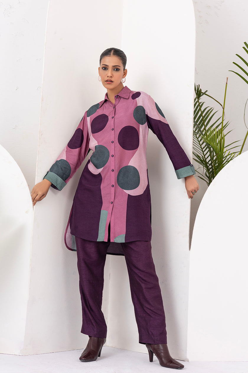 Salmon Pink & Wine Viscose Dupion Printed Shirt Style Tunic (1 PC)