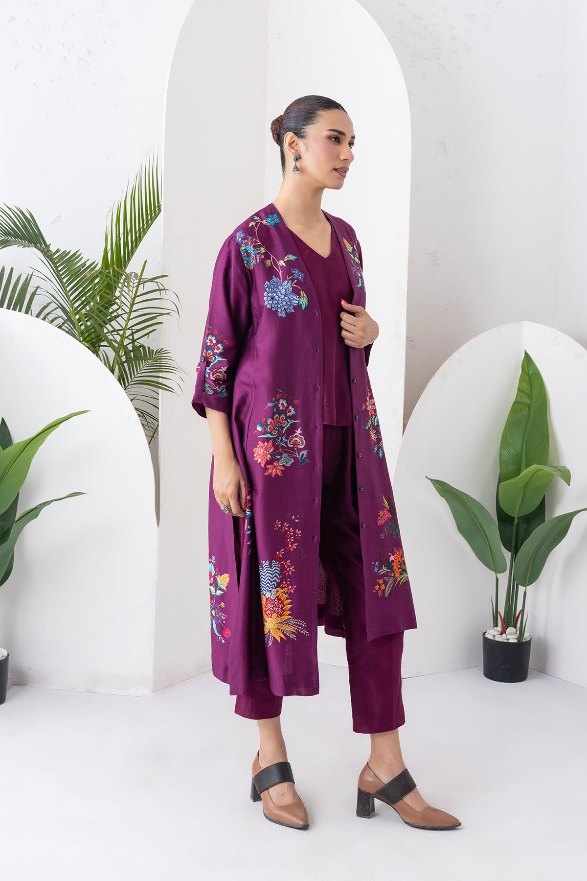 Wine Silk Chanderi Printed High-Low Dress (1 PC)