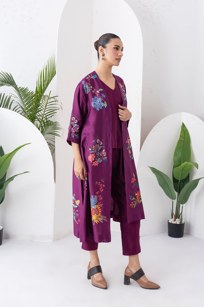Wine Silk Chanderi Printed High-Low Dress (1 PC)