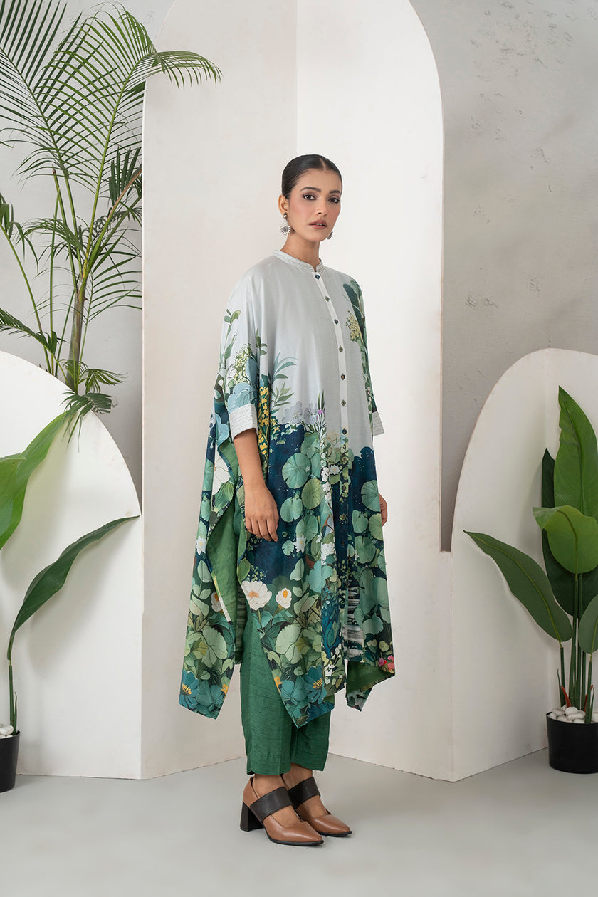 Ivory Silk Chanderi Vivid Garden Illustration Printed Kaftan (1 PC)