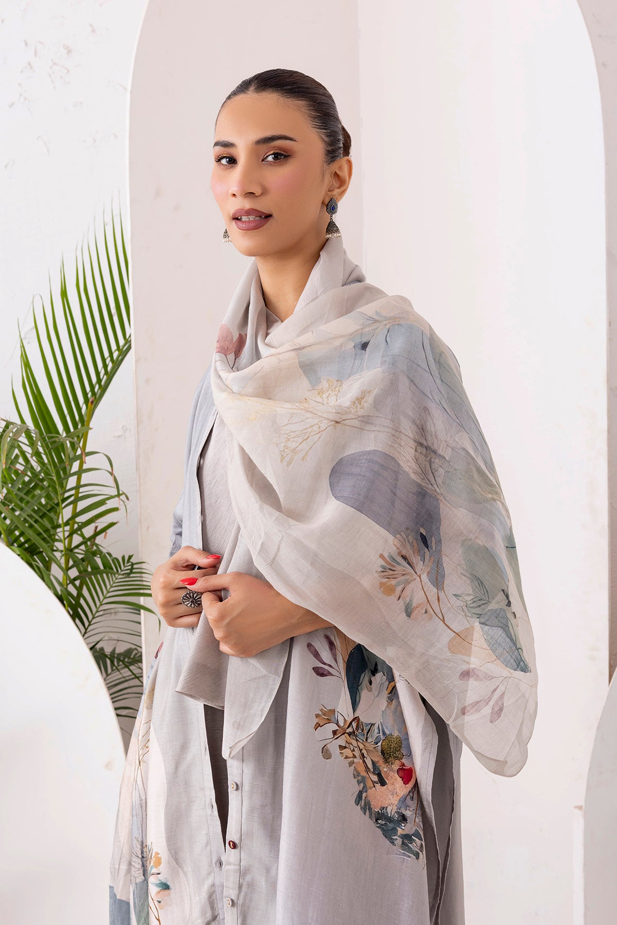 Grey Viscose Dupion Printed Kaftan Style Dress (1 PC)