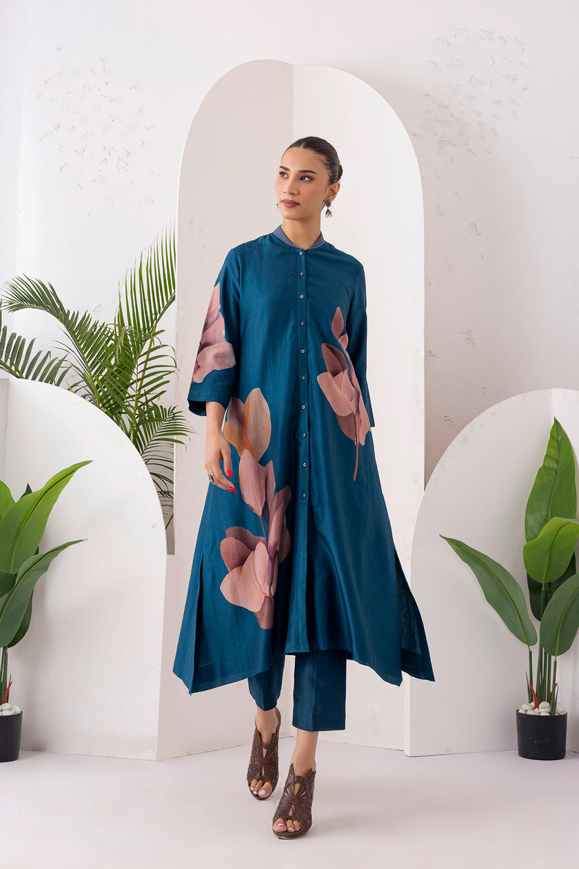 Indigo Silk Chanderi Leaf Printed Dress (1 PC)
