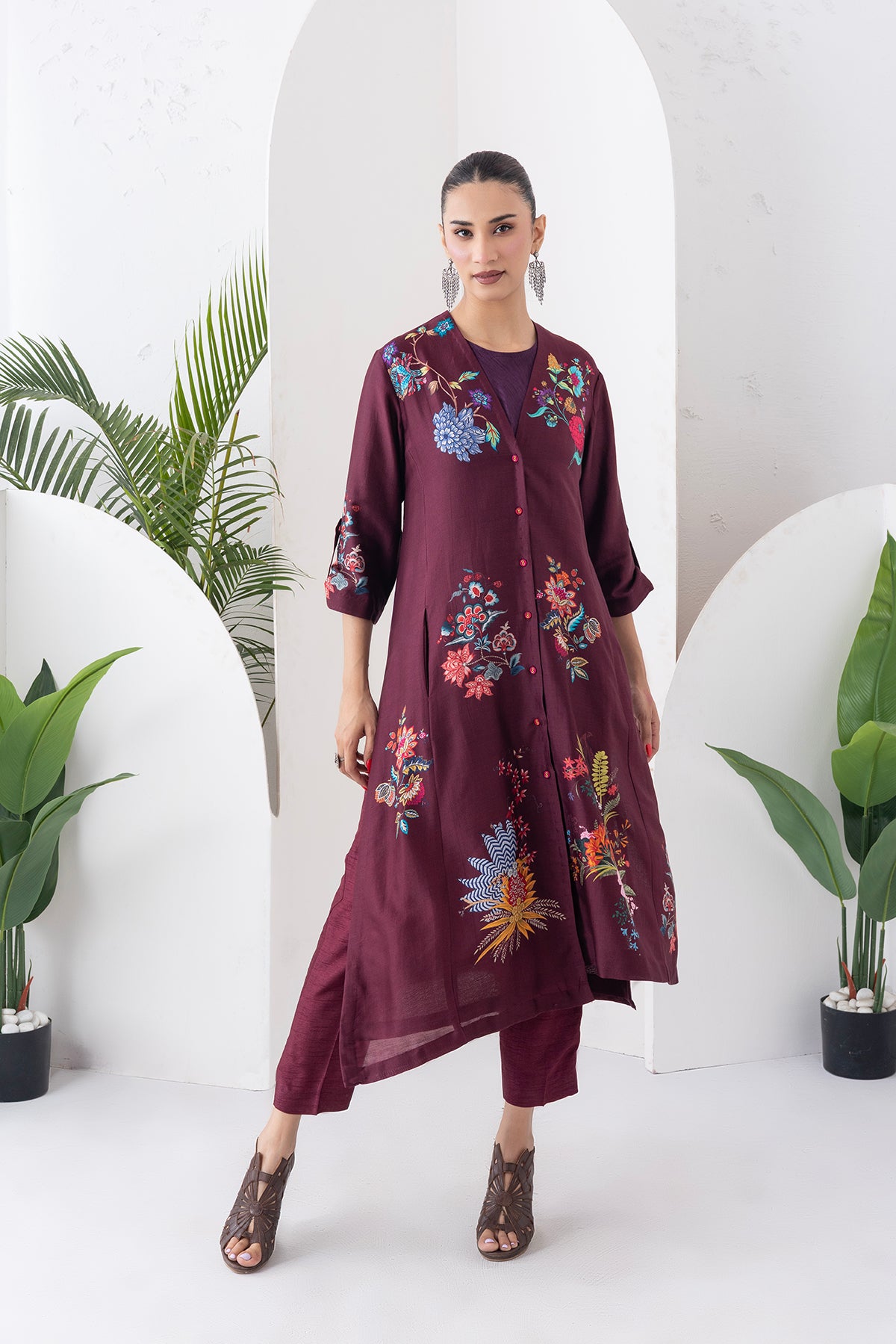 Chocolate Brown Silk Chanderi Printed High-Low Dress (1 PC)