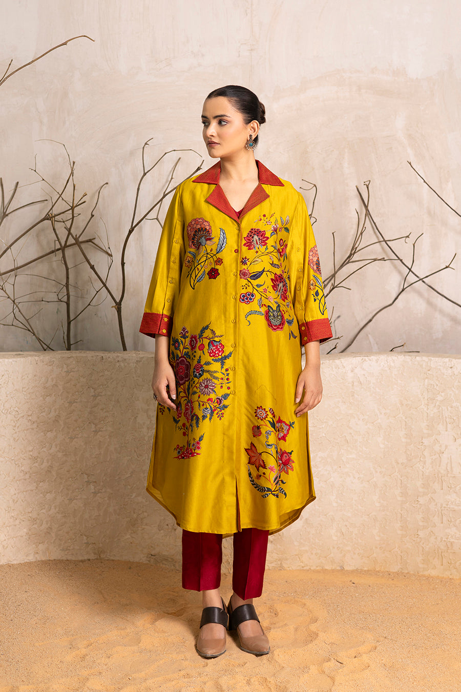 Yellow Silk Chanderi Chintz Printed Front Open Dress (1 PC)