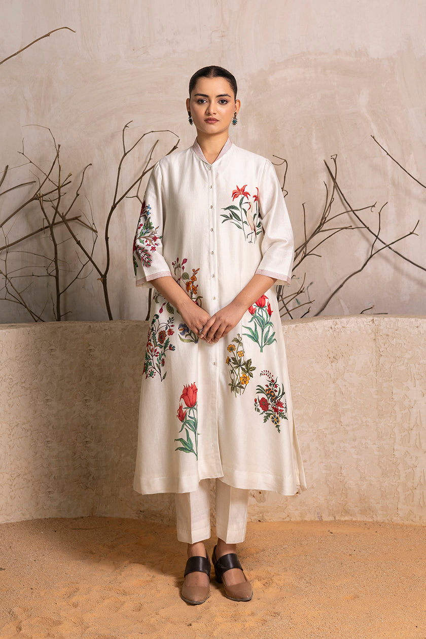 Ivory Silk Chanderi Floral Printed Front Open Dress (1 PC)