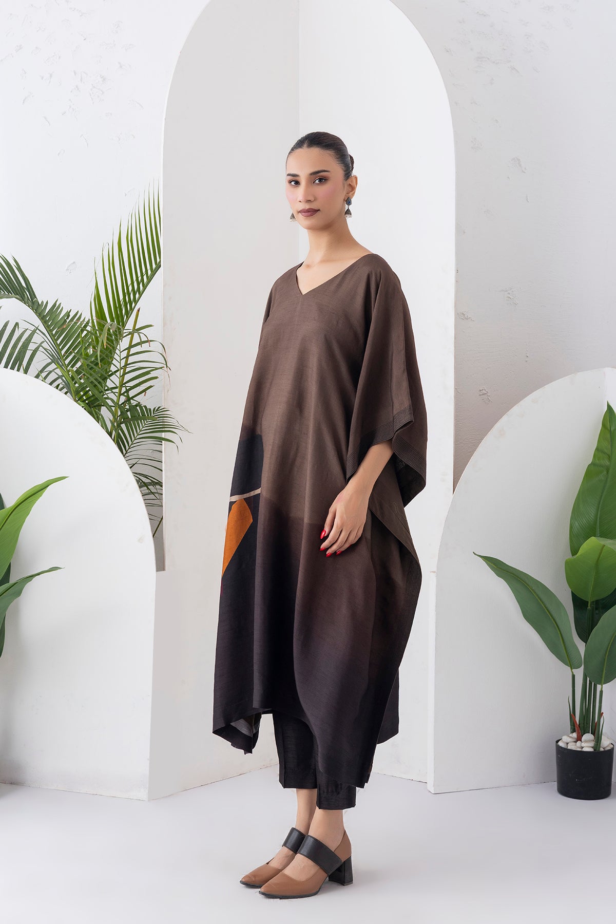 Shades Of Brown Viscose Dupion Printed Kaftan (1 PC)