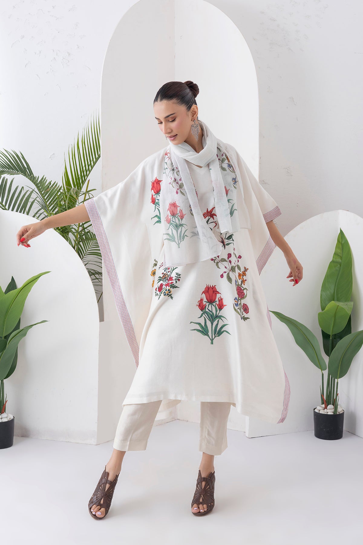 Ivory Silk Chanderi Floral Printed Kaftan (1 PC)