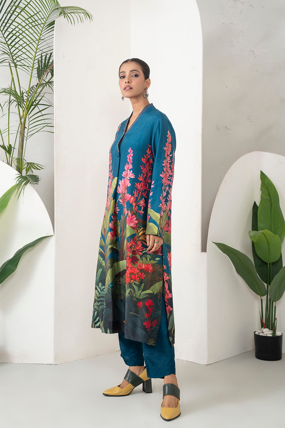 Indigo Silk Chanderi Front-Pleated Tropical Floral Illustration Printed Dress (1 PC)