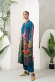 Indigo Silk Chanderi Front-Pleated Tropical Floral Illustration Printed Dress (1 PC)