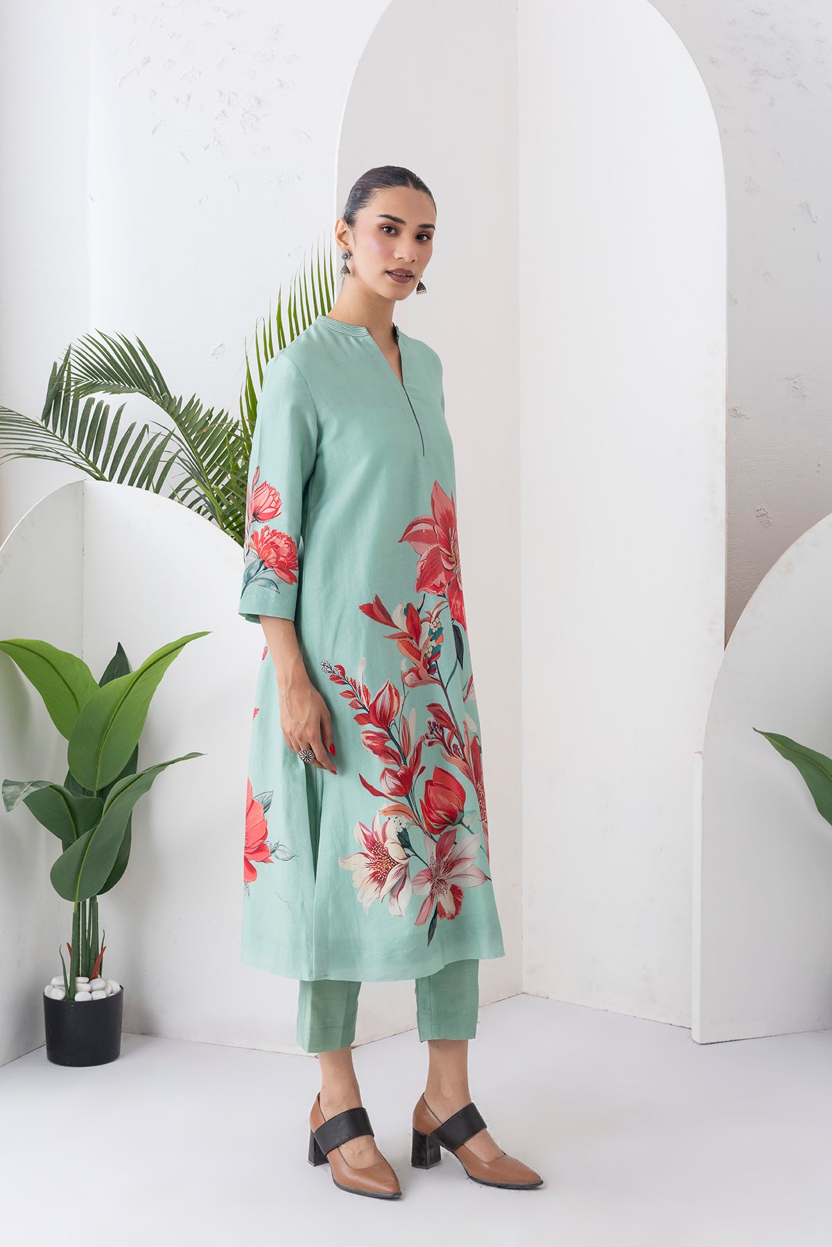 Mint Green Silk Chanderi Bloom-Inspired Printed Tunic (1 PC)