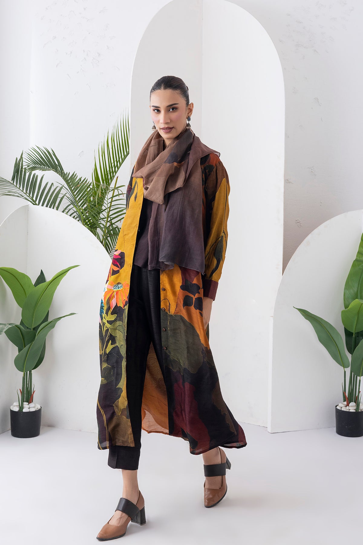 Mustard & Brown Viscose Dupion Printed Front Open Dress (1 PC)