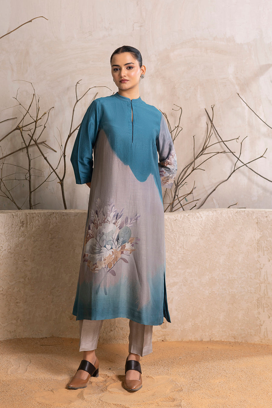 Denim Blue & Grey Shaded Silk Chanderi Printed Tunic (1 PC)