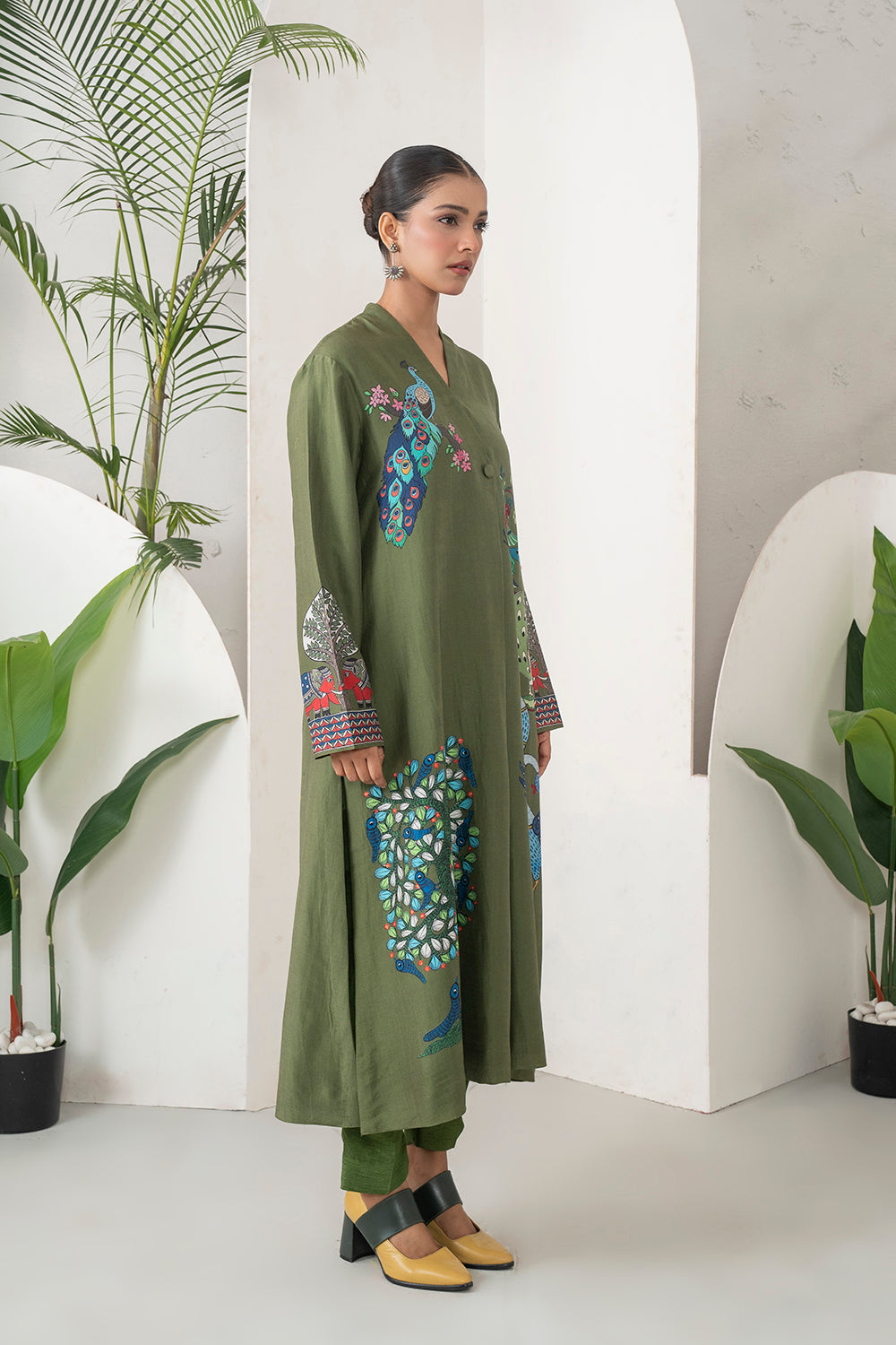 Leaf Green Silk Chanderi Front-Pleated Striking Peacock And Bird Printed Dress (1 PC)