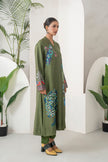 Leaf Green Silk Chanderi Front-Pleated Striking Peacock And Bird Printed Dress (1 PC)