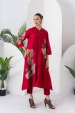 Maroon Silk Chanderi Leaf Printed Dress (1 PC)