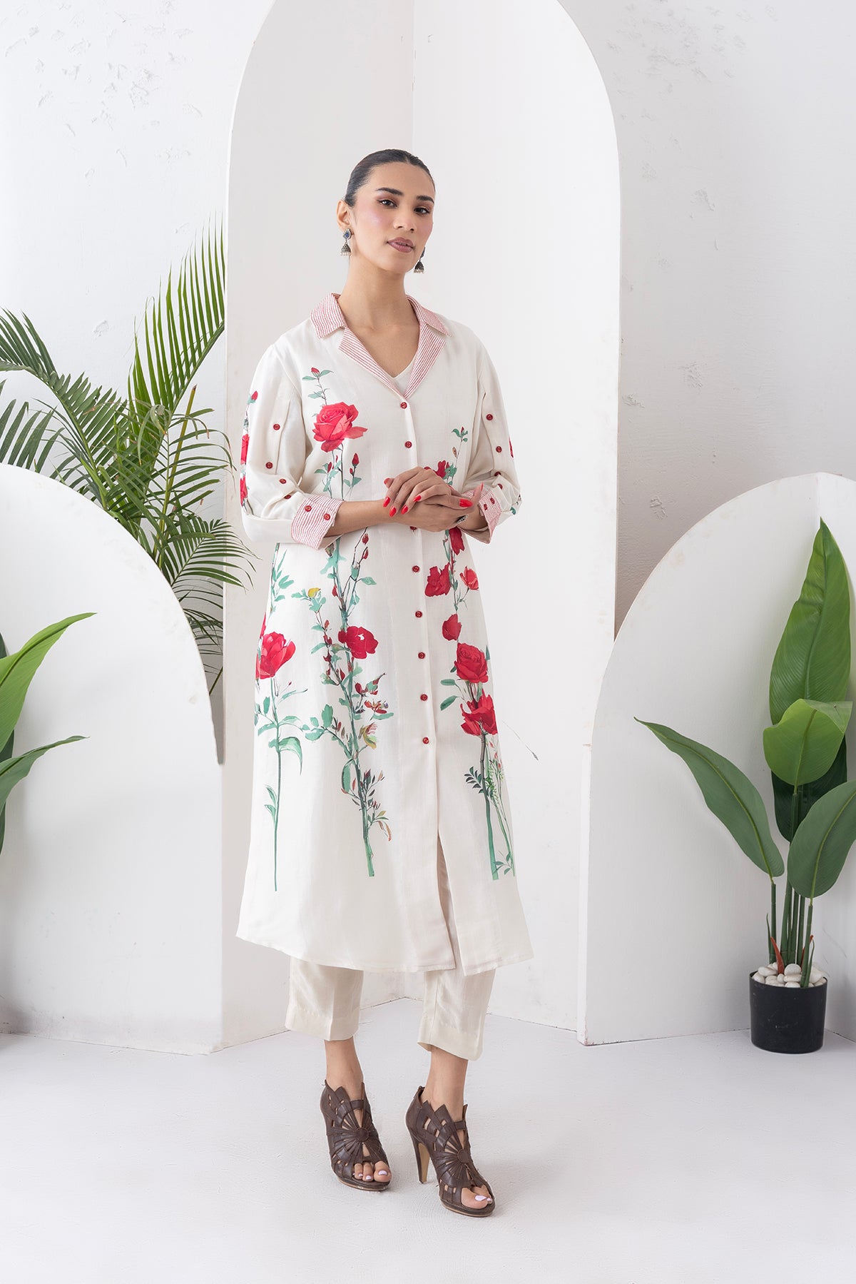 Ivory Silk Chanderi Front Open Printed Dress (1 PC)