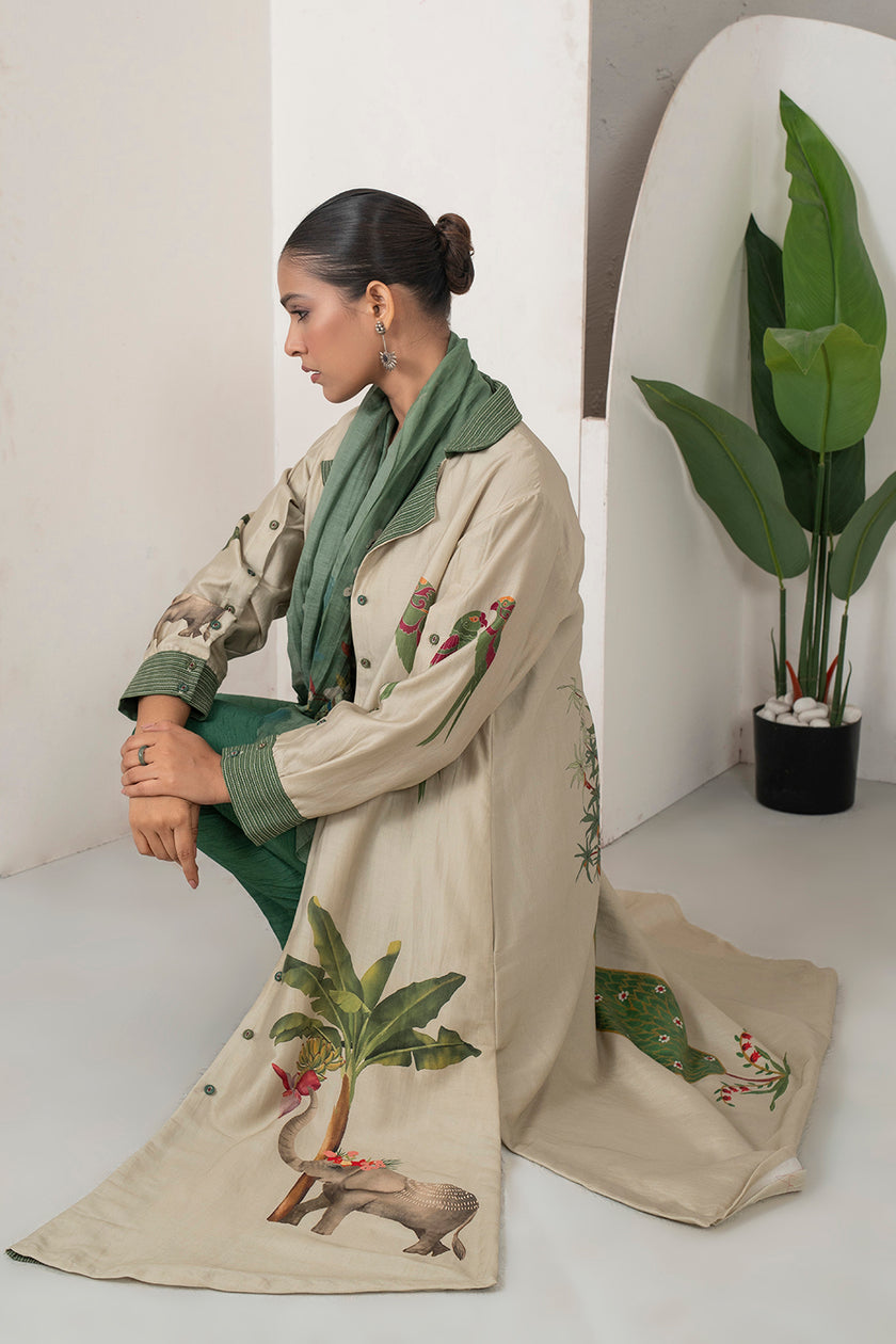 Beige Silk Chanderi Nature-Inspired Printed Dress (1 PC)