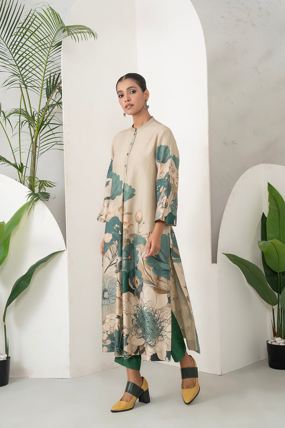Beige Silk Chanderi Delicate Floral Artwork Printed Tunic (1 PC)