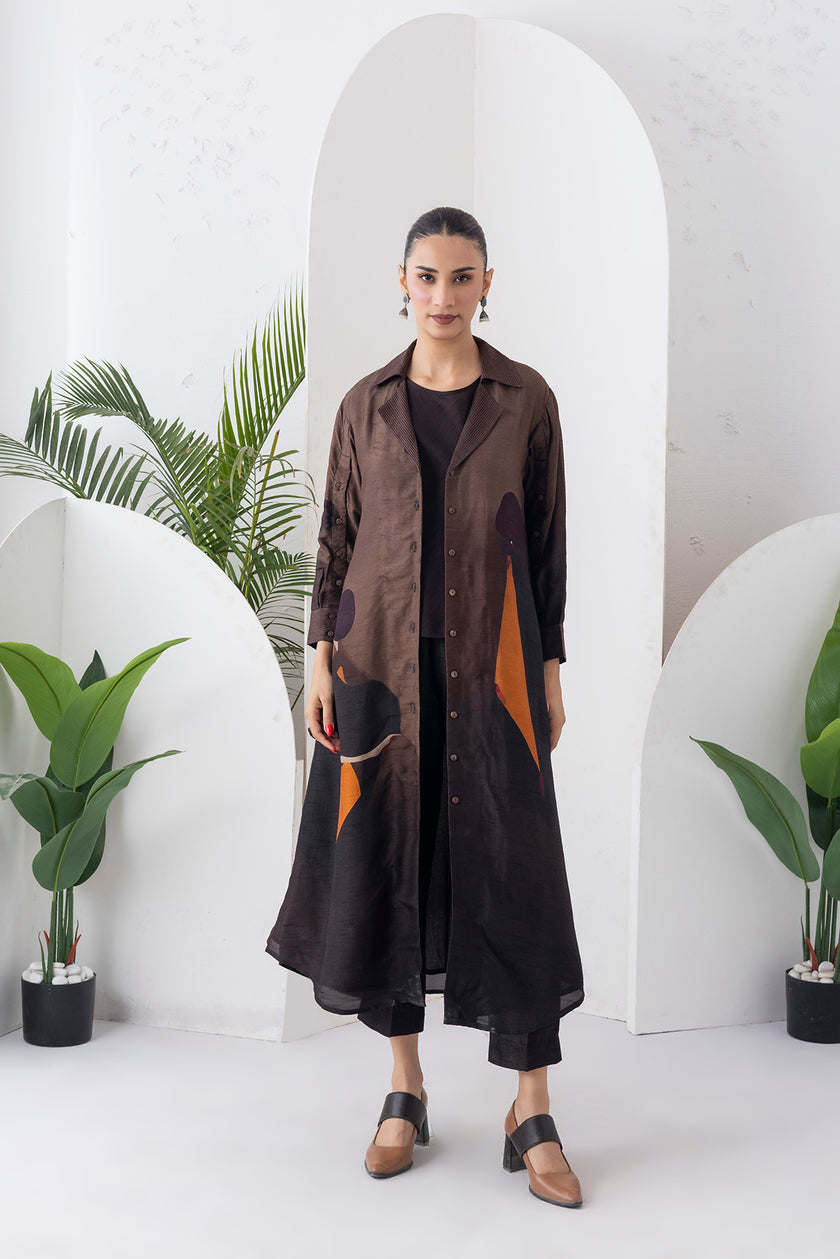 Shades Of Brown Viscose Dupion Printed Front Open Dress (1 PC)