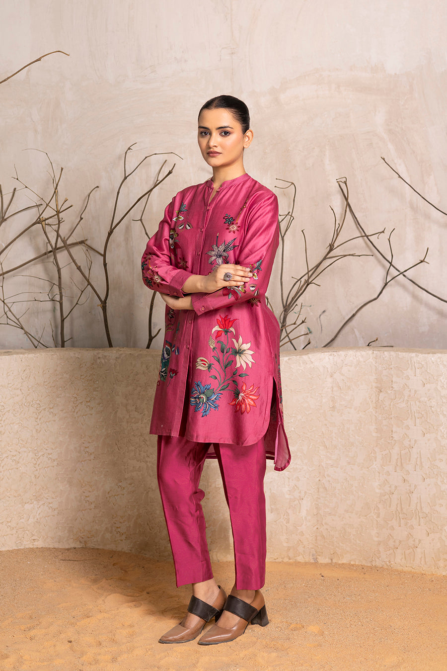 Old Rose Silk Chanderi Printed Shirt Style Tunic (1 PC)