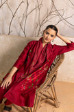Red Silk Chanderi Printed Front Open Floral Dress (1 PC)