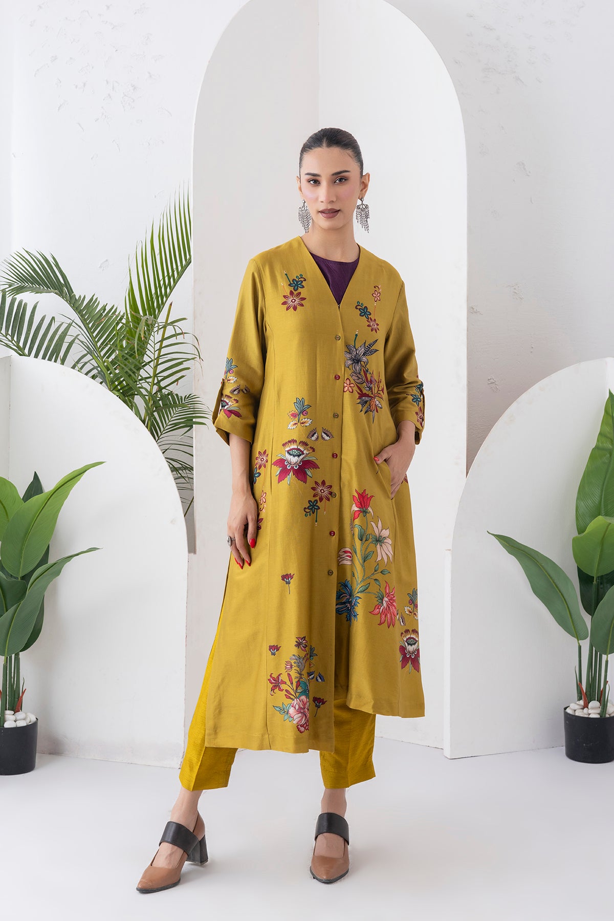 Mustard Silk Chanderi Printed High-Low Dress (1 PC)