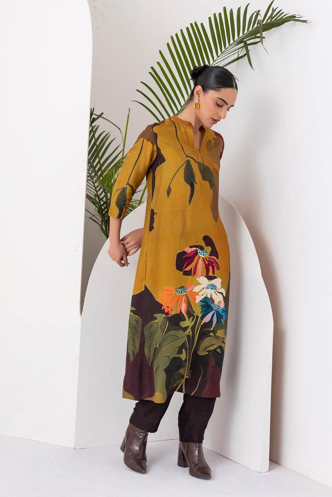 Mustard & Brown Viscose Dupion Printed Tunic (1 PC)