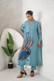 Sky Blue Silk Chanderi Striking Peacock Illustration Printed Tunic (1 PC)