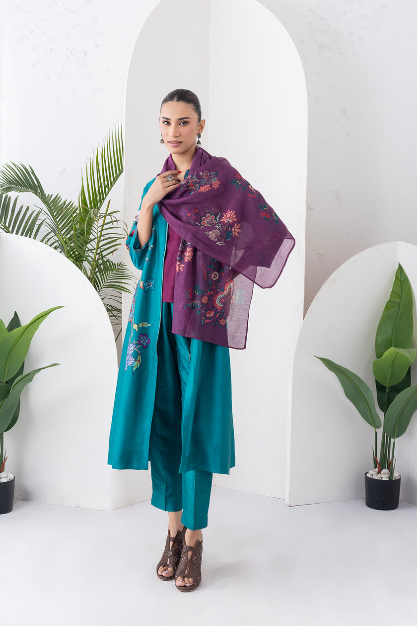 Emerald Silk Chanderi Floral Printed Front Open Dress (1 PC)
