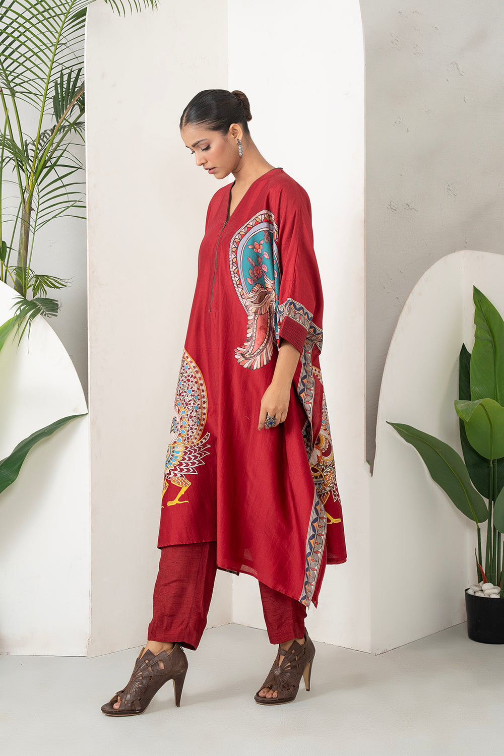Maroon Silk Chanderi Bold Peacock Printed Zippered Kaftan (1 PC)