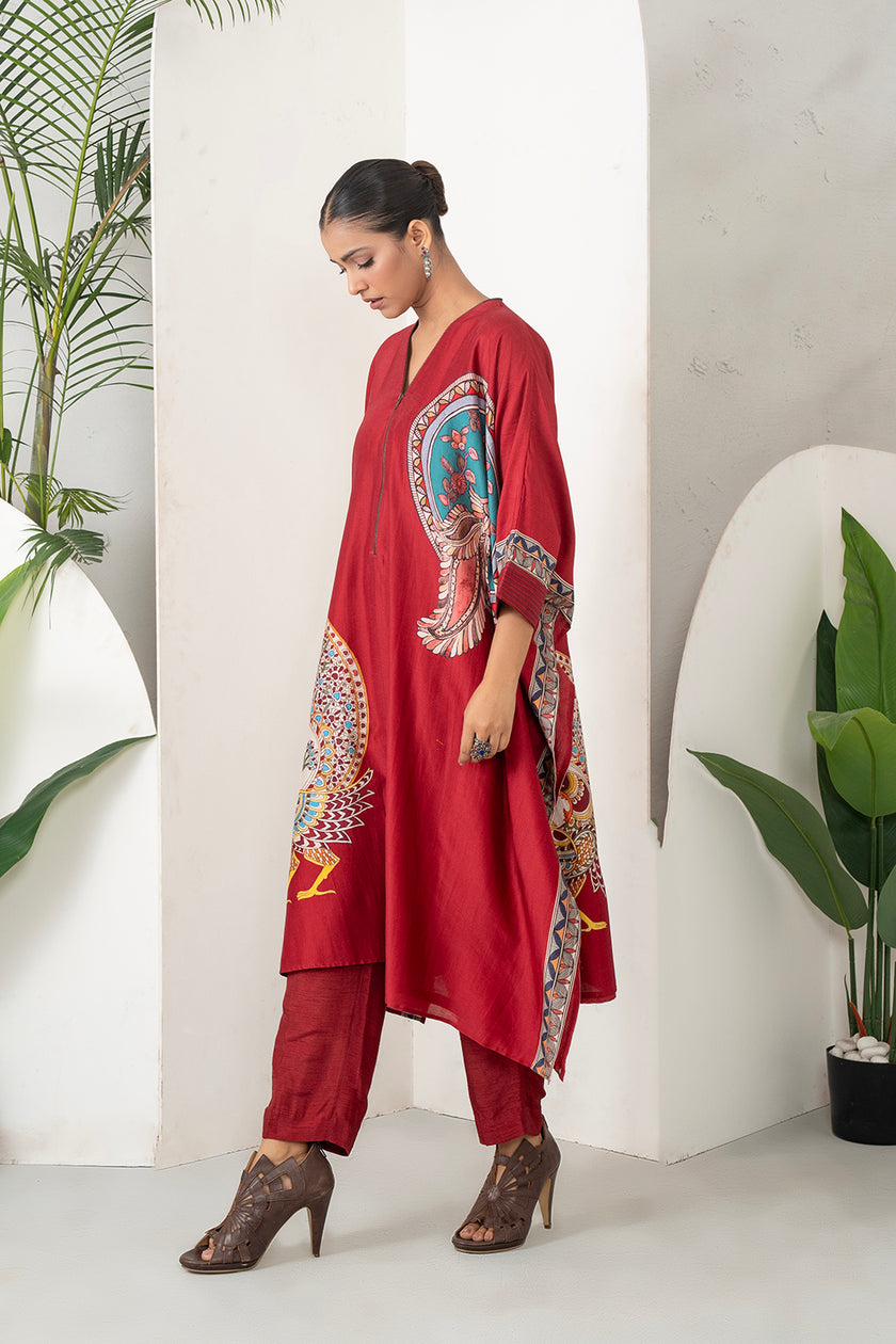 Maroon Silk Chanderi Bold Peacock Printed Zippered Kaftan (1 PC)