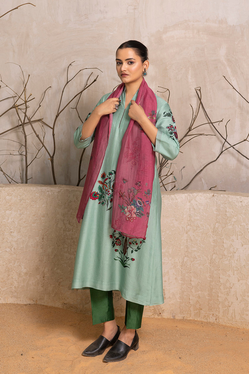 Old Rose Thin Chanderi Floral Printed Stole (1 PC)