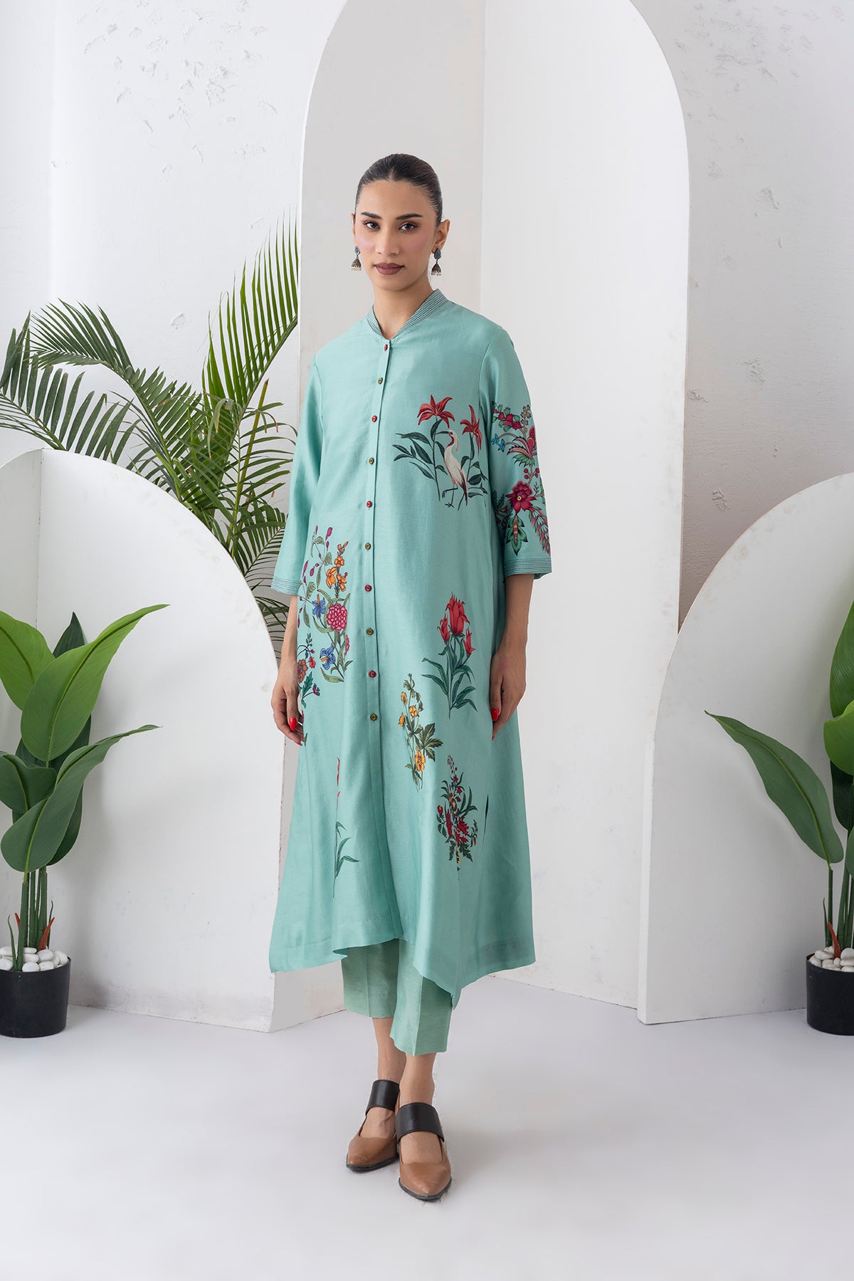 Mint Silk Chanderi Floral Printed Front Open Dress (1 PC)