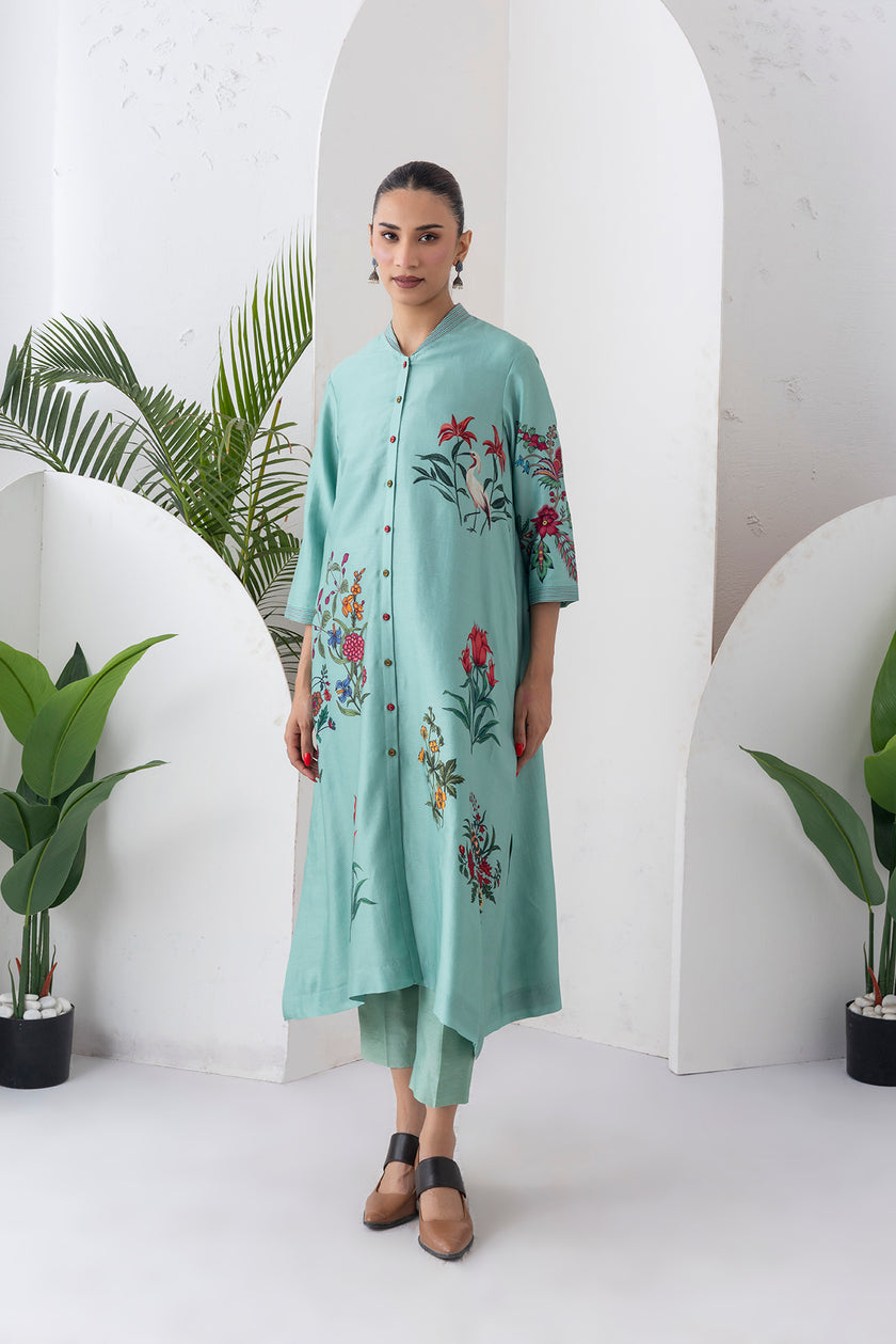 Mint Silk Chanderi Floral Printed Front Open Dress (1 PC)